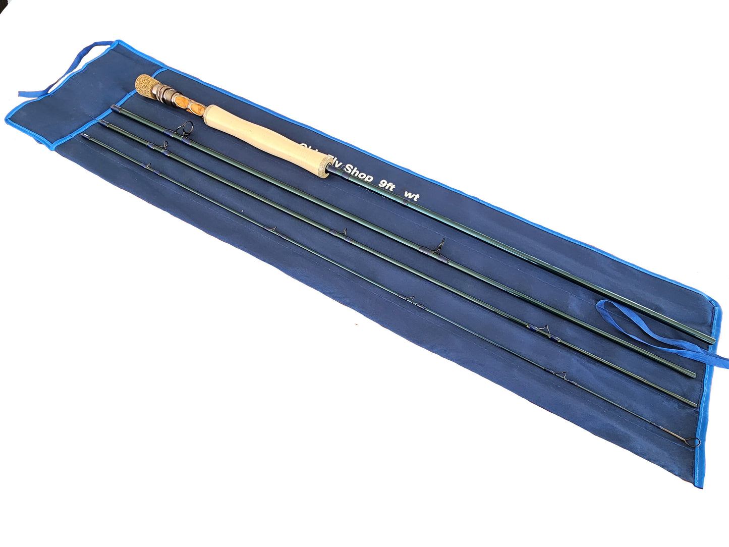 OLDE FLY SHOP 7WT 4PC GRAPHITE FLY ROD SATIN BLUE WITH FIGHTING BUTT