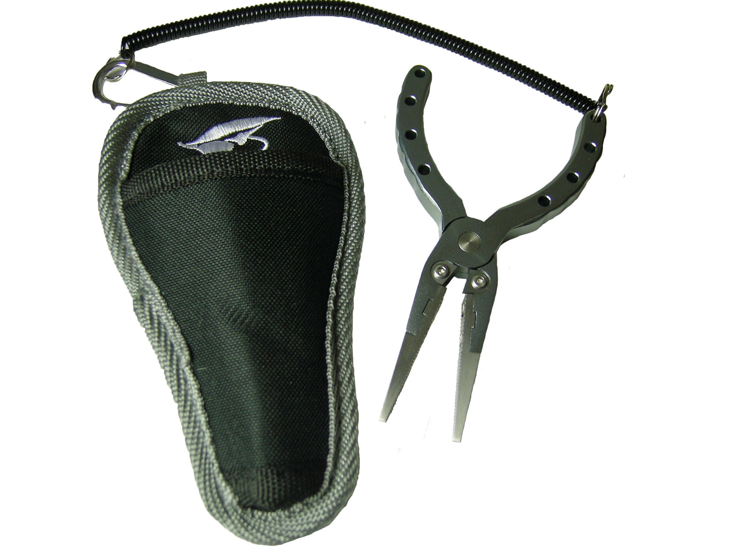 OLDE FLY SHOP ALUMINUM TROUT FISHING PLIERS WITH SHEATH AND LAYARD . THE CUTTERS ARE TUNGSTEN