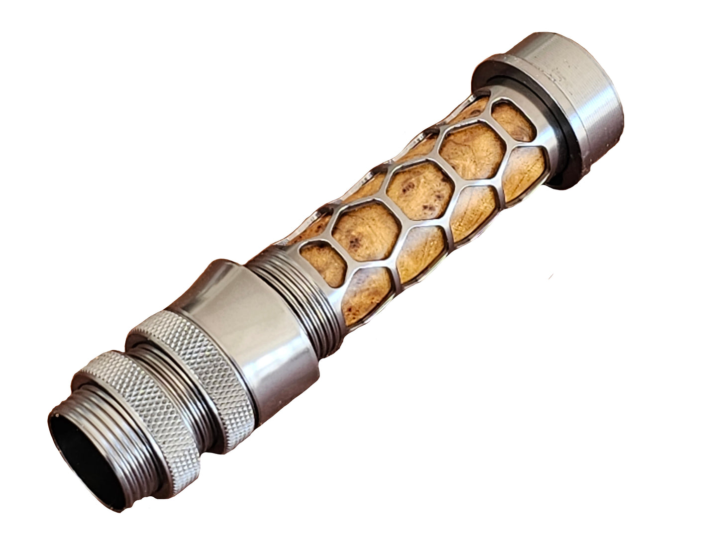 FLY ROD REEL SEAT GUN SMOKE ANODIZED ALUMINUM WINDOW BRAIDED BURLED WOOD SPACER