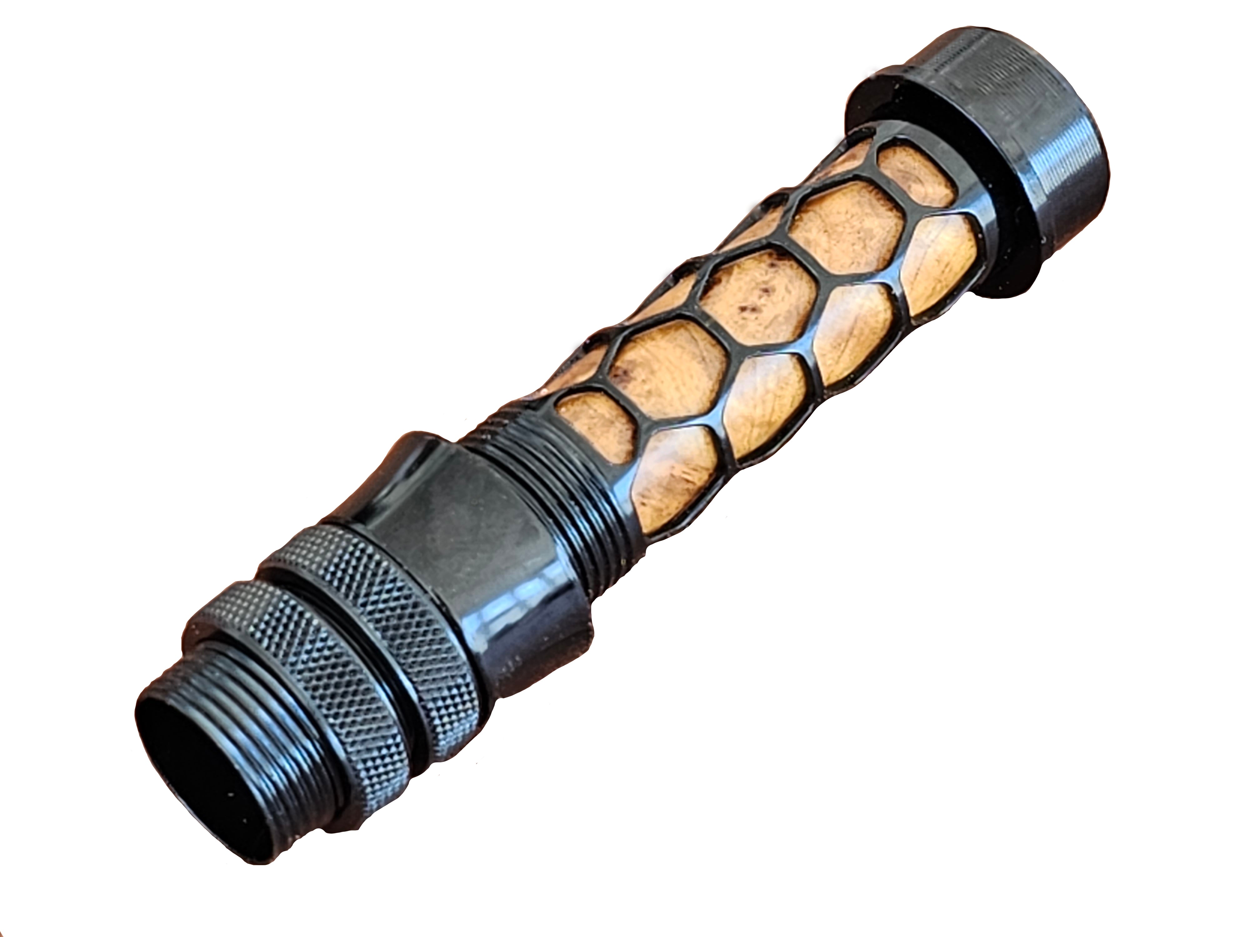 FLY ROD REEL SEAT BLACK ANODIZED ALUMINUM BRAIDED WINDOW WITH A BURLED WOOD SPACER