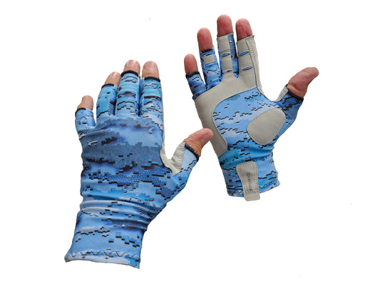 FINGER-LESS FLY FISHING GLOVES SIZE.   M, L,  XL  (Blue water)