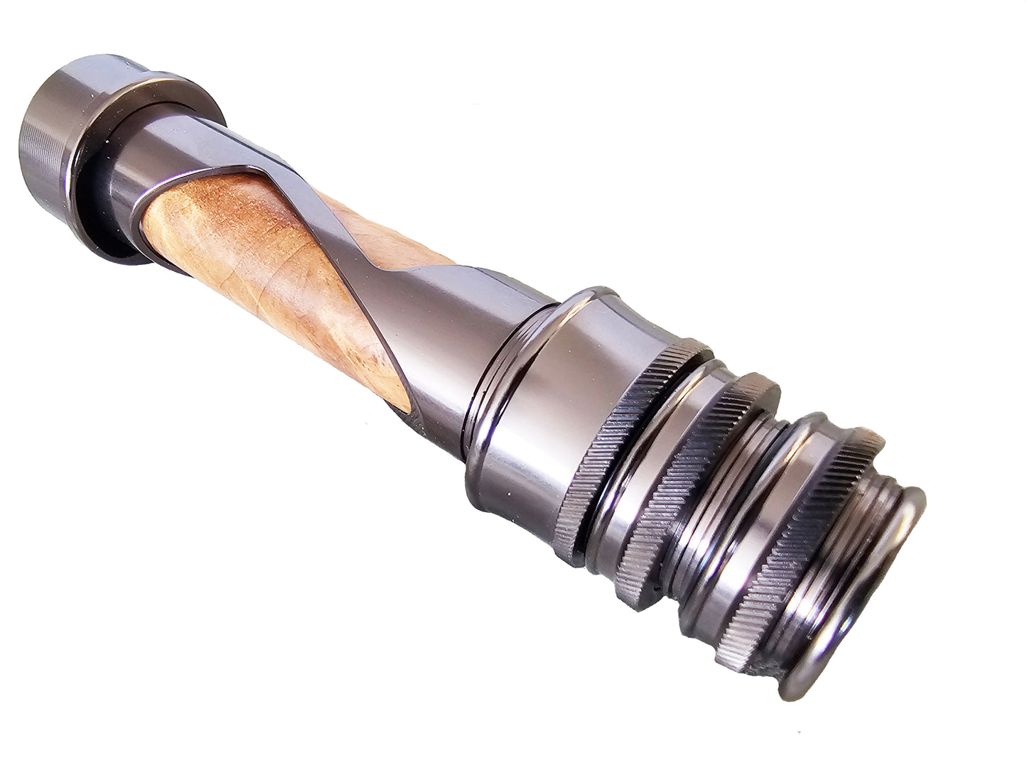 FLY ROD REEL SEAT ANODIZED ALUMINUM WAVE WITH A  BURLED WOOD SPACER (LARGE)